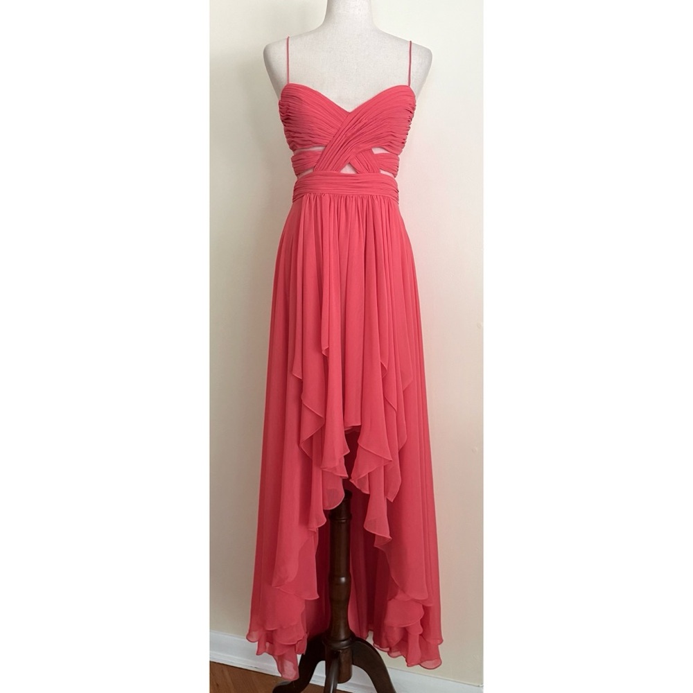 Vintage Y2K Cache Fairy Formal Dress Hi Low Sheer Chiffon Coral Pink Size S